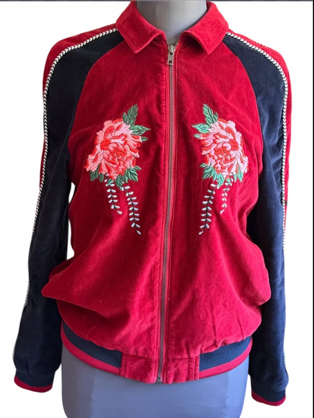 Topman Burgundy Cotton Velvet Floral Embroidered Bomber Jacket - S/M